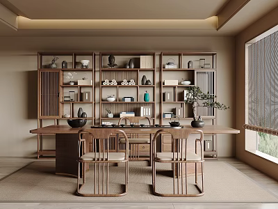 Japanese Style Room With Wooden Bookshelf Tea Sets Long Table And Simple Chairs 3d model