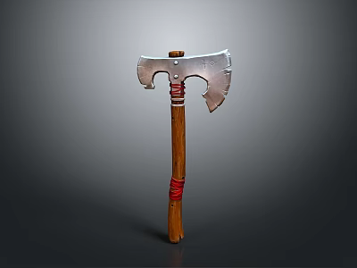 Traditional Axe With Metal Double Sharp Blades Wooden Handle And Red Straps 3d model