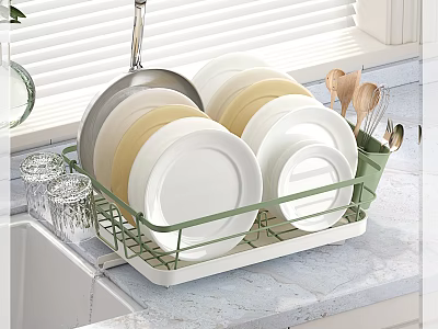 Green Dish Rack With Plates Pans Glass Cups And Utensils 3d model