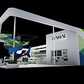 DAHUA Exhibition Booth With Modern Design Blue Green Lines Large Screen Staircase And Helicopter Exhibit