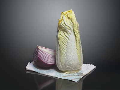 Fresh Whole Chinese Cabbage and Half Sliced Red Onion on White Paper Towel 3d model