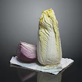 Fresh Whole Chinese Cabbage and Half Sliced Red Onion on White Paper Towel