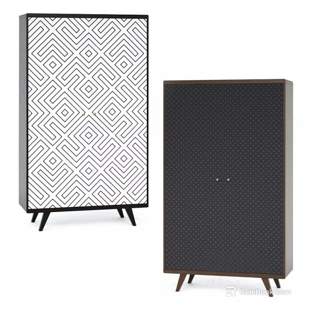 Modern Wardrobe Design With Geometric Pattern Black Slim Legs Dark Small Dot And Metal Handles 3d model 