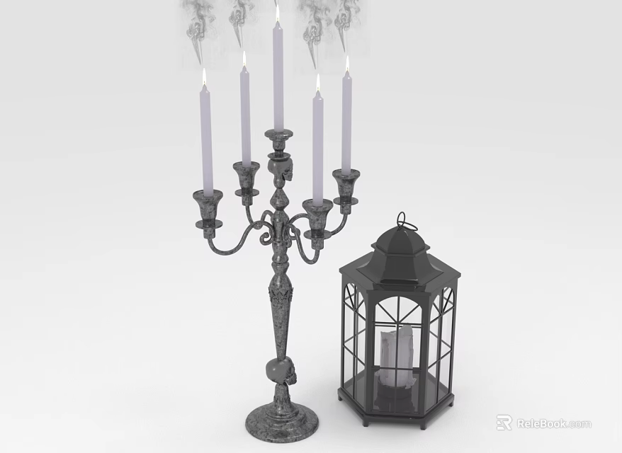 Elegant Decorative Metal Candelabra With Lit Candles Smoke And Black Lantern 3d model 
