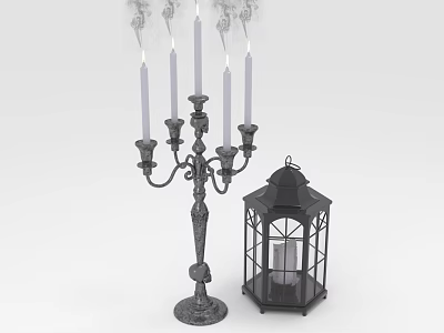 Elegant Decorative Metal Candelabra With Lit Candles Smoke And Black Lantern 3d model