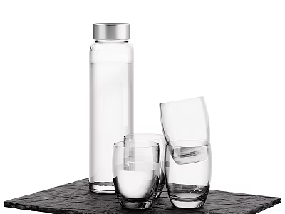 Clear Glass Water Bottle And Drinking Glasses On Black Slate Tray 3d model