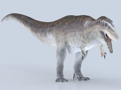 Realistic Striped Dinosaur With Open Mouth Standing On Gray Background 3d model