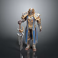 Man Wearing Blue and Gold Ornate Armor Holding Elaborate Sword on Dark Background