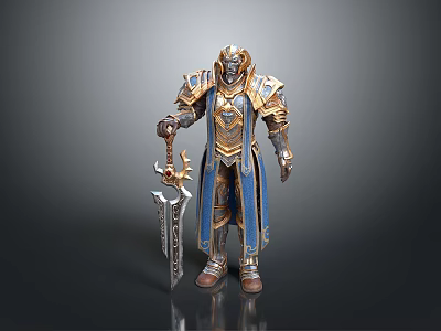 Man Wearing Blue and Gold Ornate Armor Holding Elaborate Sword on Dark Background 3d model