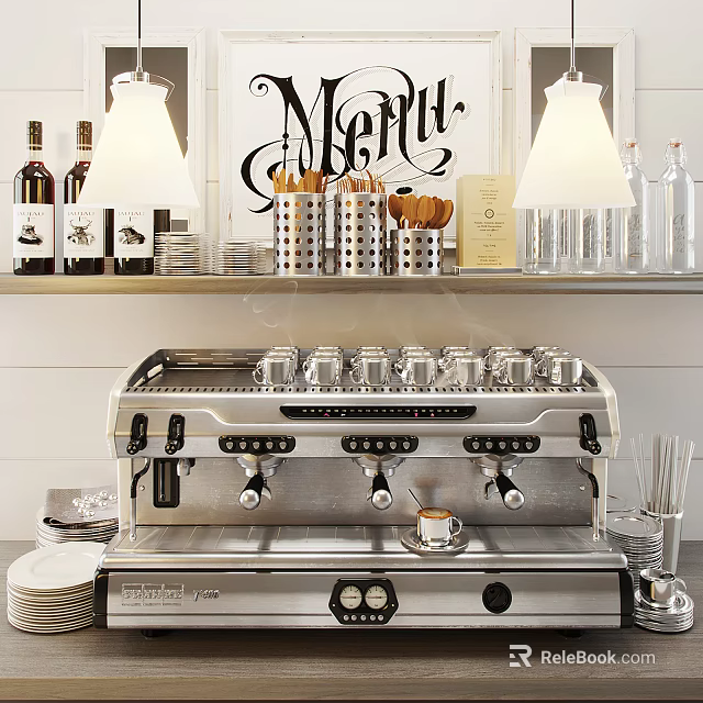 Modern Kitchen Appliances Including Espresso Machine With Cups And Shelves Of Bottles Glasses 3d model 