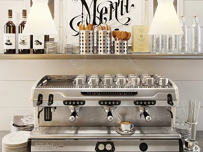 Modern Kitchen Appliances Including Espresso Machine With Cups And Shelves Of Bottles Glasses 3d model
