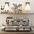 Modern Kitchen Appliances Including Espresso Machine With Cups And Shelves Of Bottles Glasses