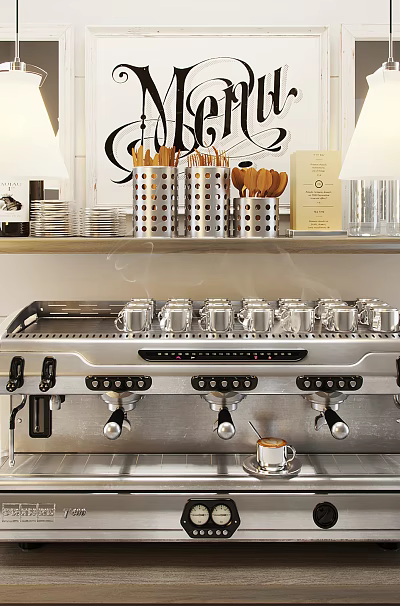 Modern Kitchen Appliances Including Espresso Machine With Cups And Shelves Of Bottles Glasses 3d model