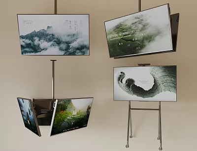 Various Televisions Showcasing Scenic Nature Landscapes on Different Mounts and Stands 3d model