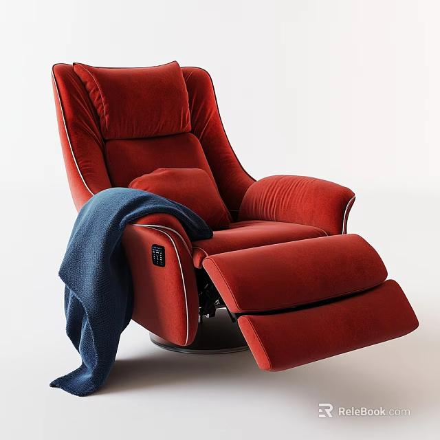 Red Recliner Single Sofa With Blue Blanket Accent Pillow Plush Velvet Upholstery Modern Comfortable Design 3d model 