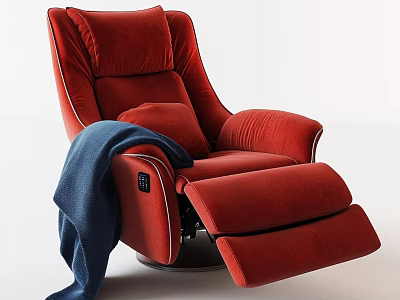 Red Recliner Single Sofa With Blue Blanket Accent Pillow Plush Velvet Upholstery Modern Comfortable Design 3d model