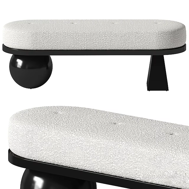 Modern Upholstered White Sofa Bench With Black Spherical And Geometric Legs 3d model 