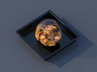 Small Orange And Yellow Wrapped Candies In Transparent Round Container On Black Square Tray 3d model