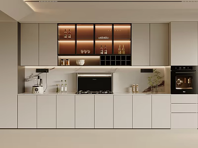 Modern Kitchen Lighted Wine Cabinet With Glass Doors And Bottle Storage 3d model