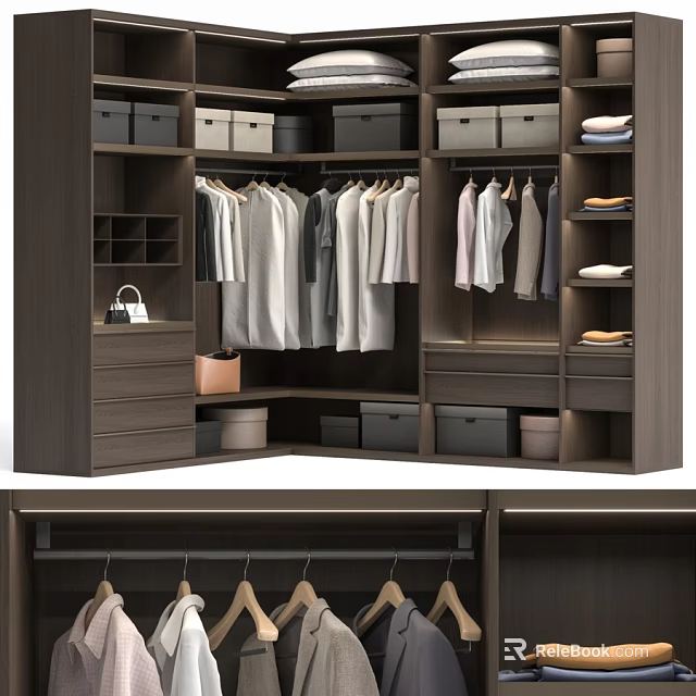 Modern Wooden Dresser in Wardrobe System with Hanging Clothes Drawers and Storage Boxes 3d model 