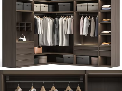Modern Wooden Dresser in Wardrobe System with Hanging Clothes Drawers and Storage Boxes 3d model