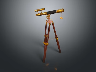 Decorative Commercial Equipment Vintage Telescope With Golden Accents And Wooden Tripod 3d model
