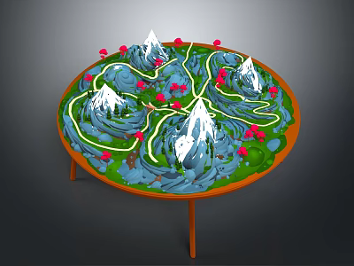 Cartoon Scene With Circular Platform Snowy Mountains Winding Rivers And Red Flowers 3d model