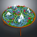 Cartoon Scene With Circular Platform Snowy Mountains Winding Rivers And Red Flowers