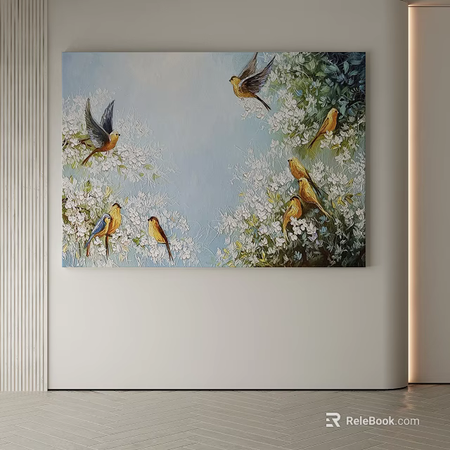 Artistic Abstract Painting with Vibrant Birds and Blooming White Flowers on Blue Background 3d model 