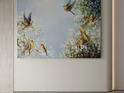 Artistic Abstract Painting with Vibrant Birds and Blooming White Flowers on Blue Background 3d model