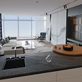 Modern Living Room Interior With Large Bookshelf Grey Sofa Green Plant And Coffee Table