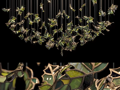 Artistic Green Leaf Chandelier With Intricate Metal Frame And Hanging Decorative Elements 3d model
