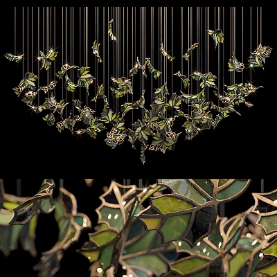 Artistic Green Leaf Chandelier With Intricate Metal Frame And Hanging Decorative Elements 3d model