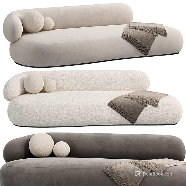 Cozy Sectional Sofa In Beige White Gray With Round Pillows And Throw Blanket 3d model 
