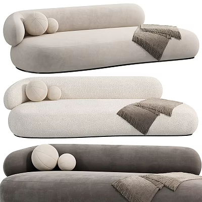 Cozy Sectional Sofa In Beige White Gray With Round Pillows And Throw Blanket 3d model