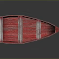 Handcrafted Red Striped Wooden Boat on Smooth Surface with Reflection