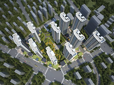 Aerial Planning of Modern Residential Complex With High Rise Buildings Greenery And Road Layout 3d model