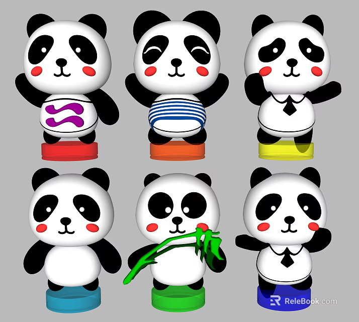 Cute Panda Dolls With Various Outfits Poses Holding Bamboo And Colored Bases 3d model 
