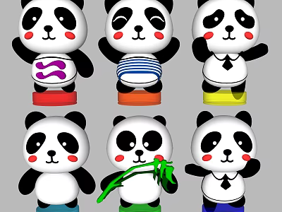 Cute Panda Dolls With Various Outfits Poses Holding Bamboo And Colored Bases 3d model
