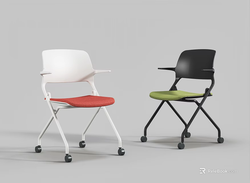 Modern Office Chairs With White Black Frames Red Green Seats Armrests And Rolling Wheels 3d model 