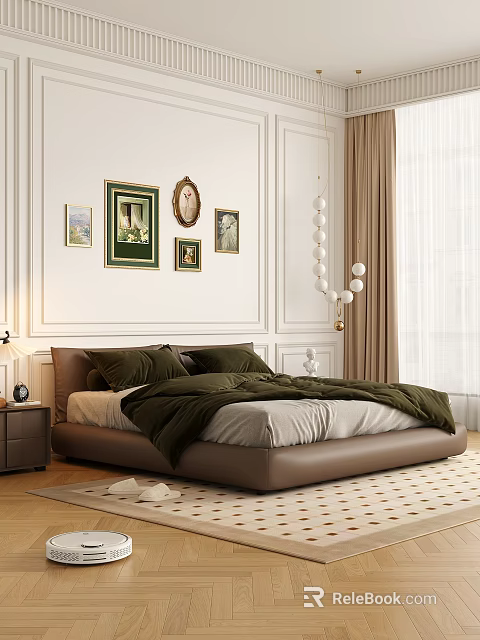 Elegant Bedroom Interior With White Walls Framed Paintings Brown Curtains And Green Bedding 3d model 