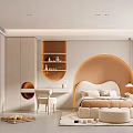 Modern Kids Room Interior With Beige Brown Curved Headboard Round Mirror Desk Bookshelf And Rug