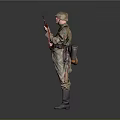 Military Soldier in Camouflage Uniform Holding Rifle Standing on Gray Background