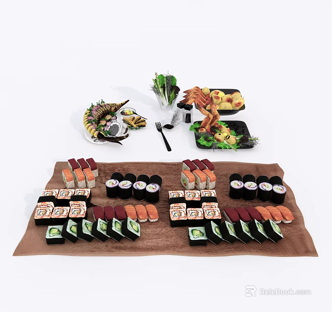 Colorful Assorted Sushi Platter With Varied Rolls And Green Garnish 3d model 