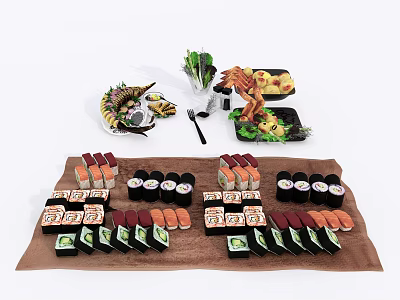 Colorful Assorted Sushi Platter With Varied Rolls And Green Garnish 3d model