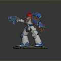 Blue White Red Armored Game Movie Robot Character Golden Details Holding Gun On Stone Base