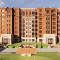 Residential Courtyard With Red Brick Buildings Tall Structure Green Lawn And Bronze Sculptures