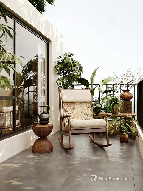 Cozy Balcony Relaxation Area With Rocking Chair Potted Plants And Terracotta Decor 3d model 