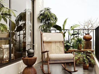 Cozy Balcony Relaxation Area With Rocking Chair Potted Plants And Terracotta Decor 3d model