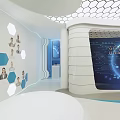 Modern White Exhibition Hall Interior With Curved Walls Display Stand And Screen